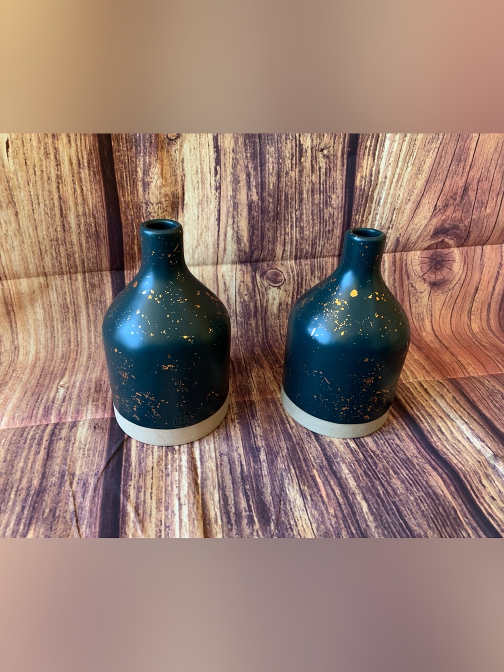 NEW Hearth & Hand with Magnolia Set of 2 Speckled Stoneware 2018 Teal/Gold Vase